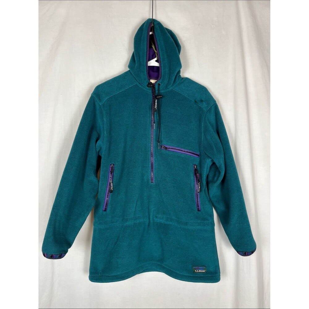 Vintage L. L. Bean 1990s Teal and Purple Polartec Fleece Pullover Hoodie Tunic